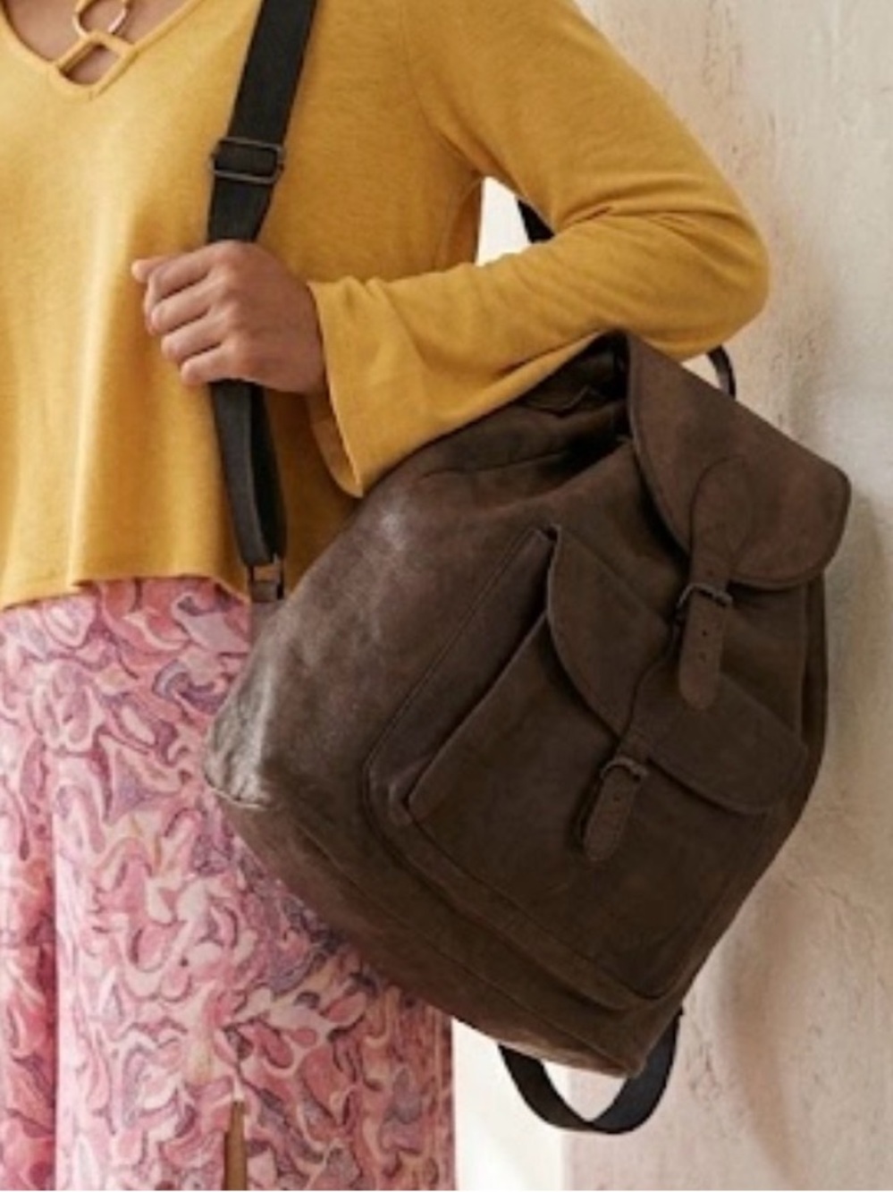 Leather Backpack with Buckles and Leather Drawstring